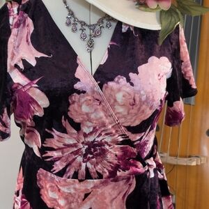 Kiyonna Pink Floral Velvet Wrap Midi Dress on Black